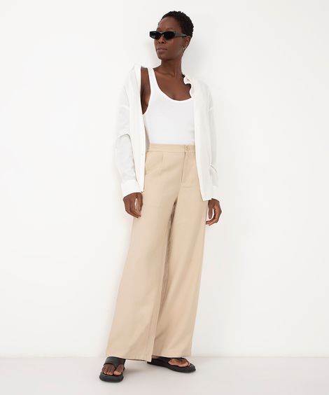 calça feminina wide leg de viscose com pregas bege