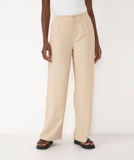calça feminina wide leg de viscose com pregas bege