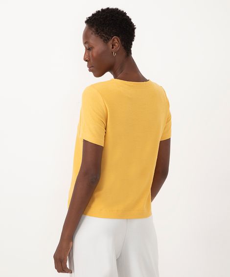 blusa de viscose texturizada decote v manga curta amarelo