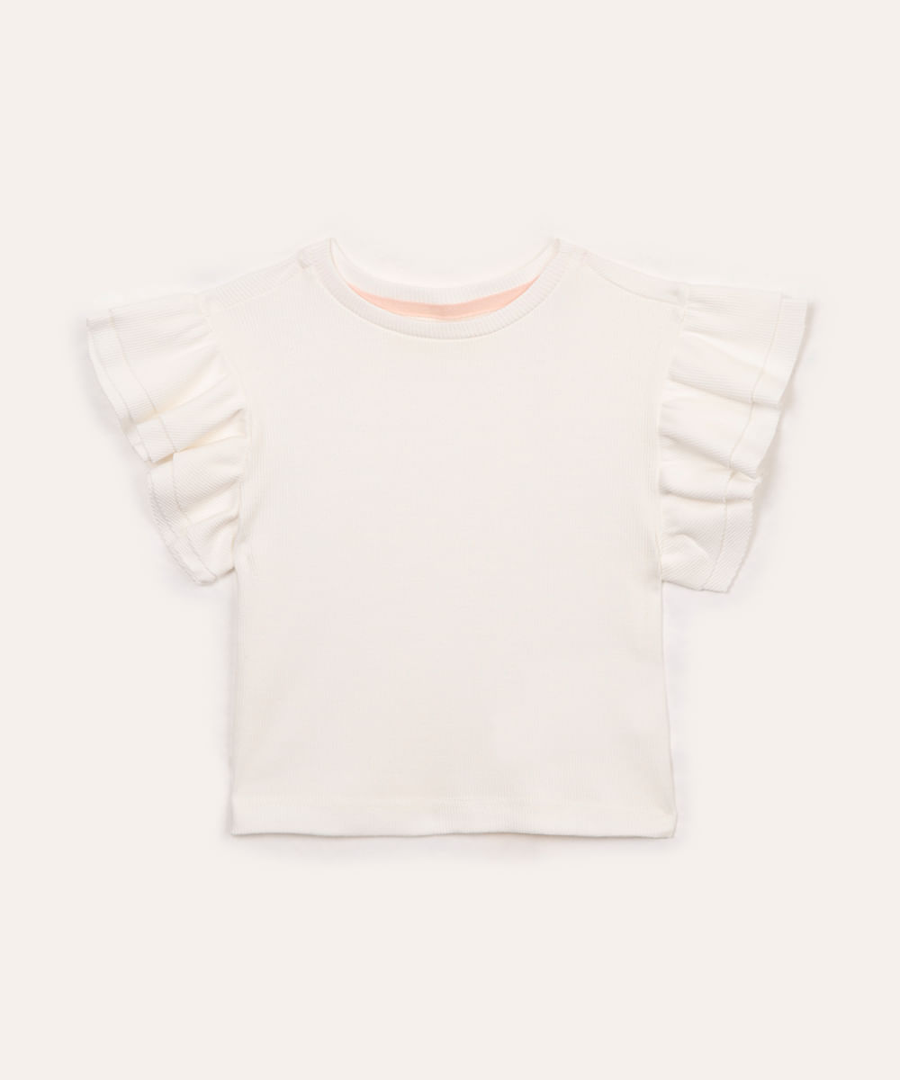 blusa infantil de algodão manga curta em babados off white