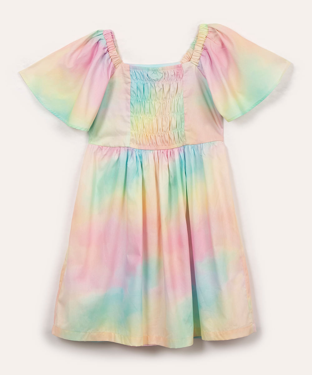 vestido de algodão infantil tie dye manga curta colorido