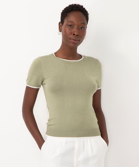 blusa de tricot manga curta listra - verde