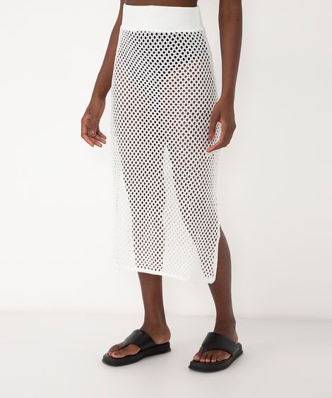 saia midi de tricot vazado com cós elástico branco