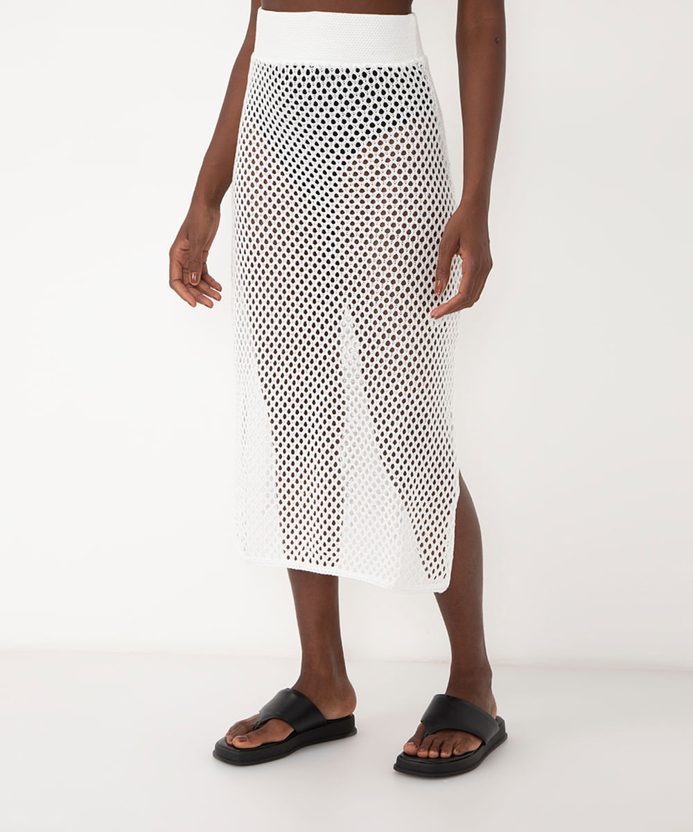 saia midi de tricot vazado com cós elástico branco
