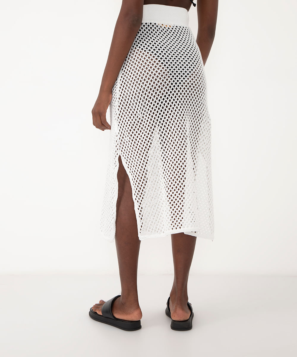 saia midi de tricot vazado com cós elástico branco