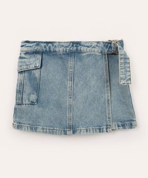 short saia jeans infantil com bolso azul claro