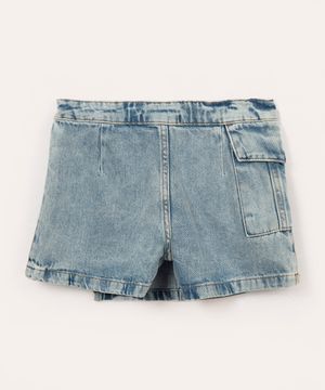 short saia jeans infantil com bolso azul claro