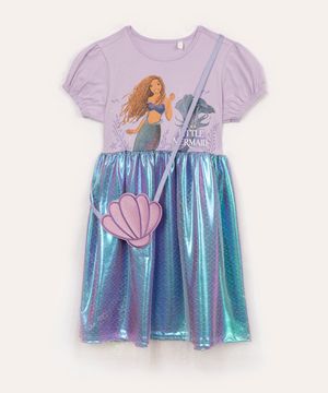 vestido infantil pequena sereia metalizado com tule e bolsa lilás