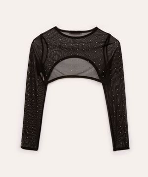 blusa de tule infantil com strass manga longa preto