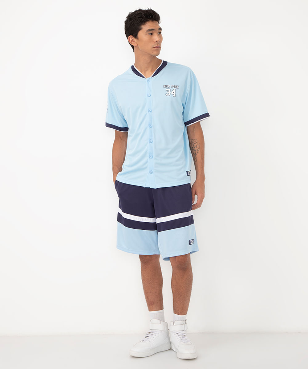 bermuda long com barra contrastante esportiva azul marinho