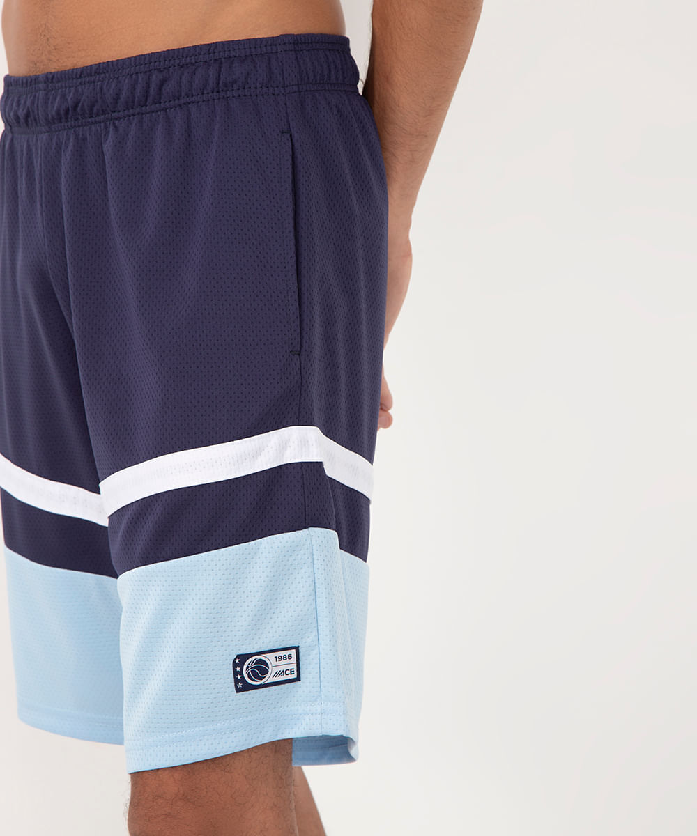 bermuda long com barra contrastante esportiva azul marinho