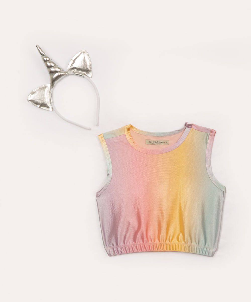 cropped infantil tie dye unicórnio com brilho e tiara colorido