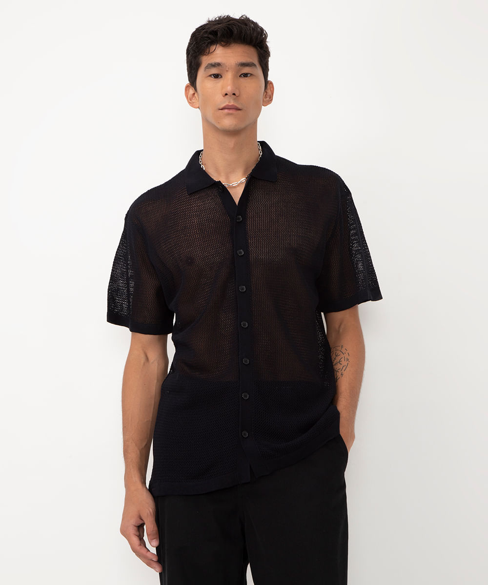 camisa de tricot vazado manga curta azul