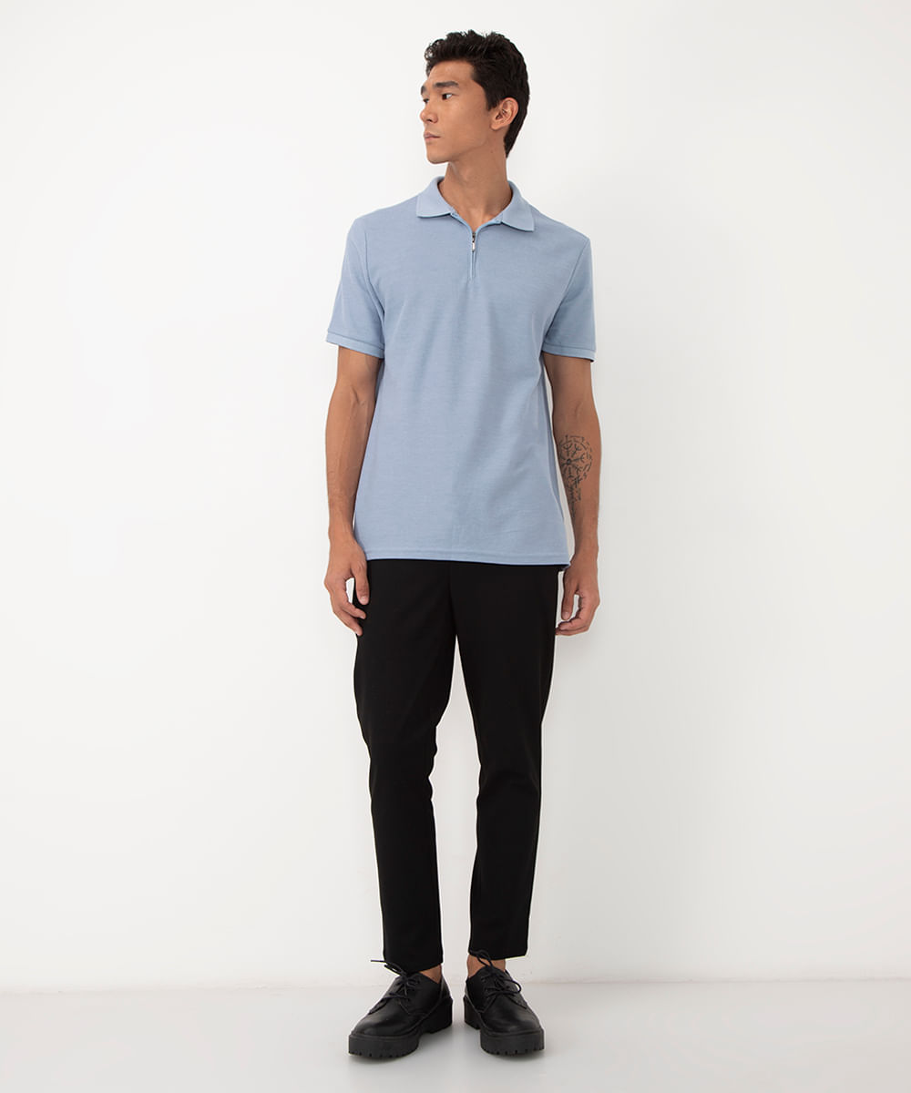polo em piquet com zíper manga curta azul