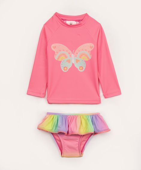 conjunto de praia infantil manga longa rosa