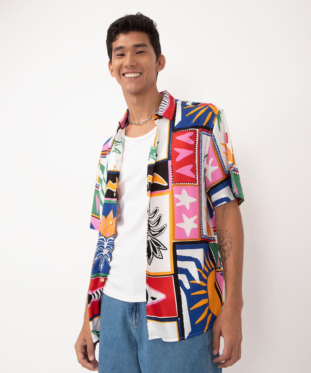 camisa de viscose estampada off white