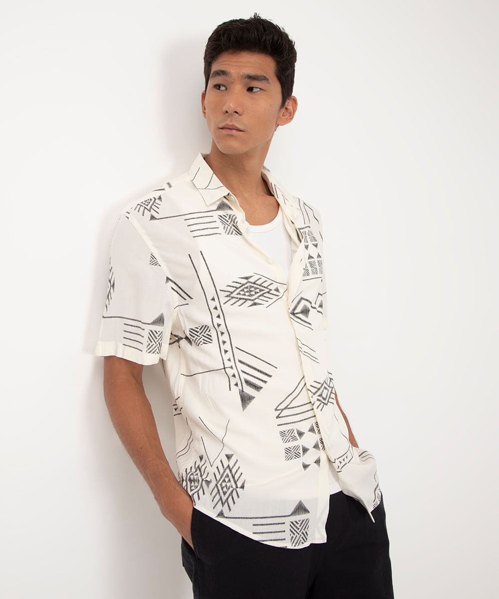 camisa de viscose étnica off white