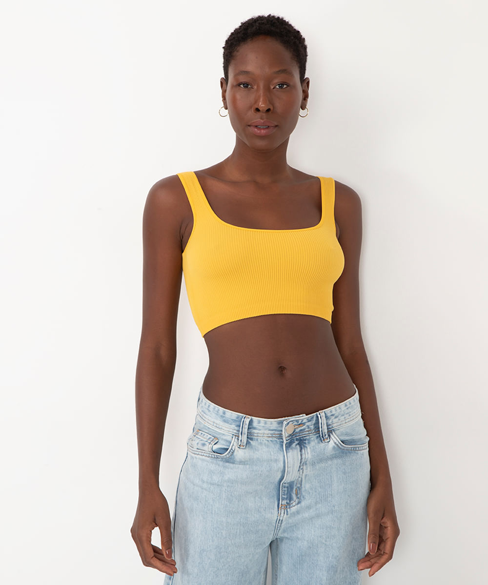 cropped básico de poliamida areia - amarelo