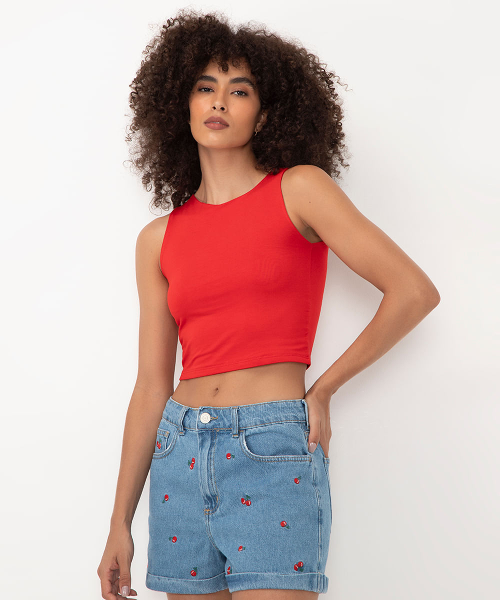 cropped de viscose alça média verde médio - vermelho