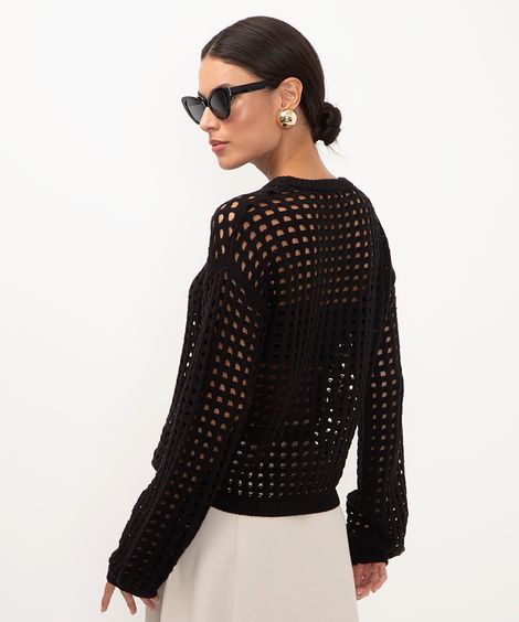suéter de tricot vazado manga longa preto