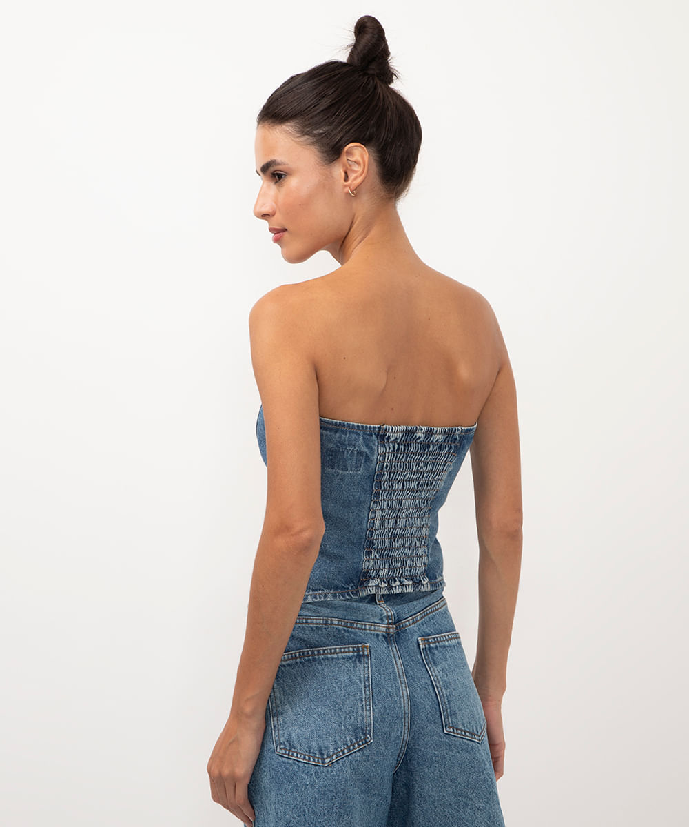 cropped jeans sem alça azul