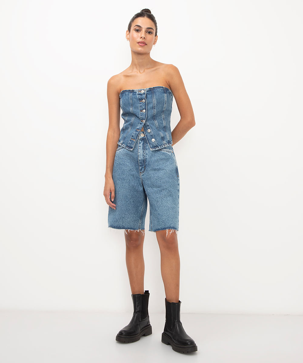 cropped jeans sem alça azul