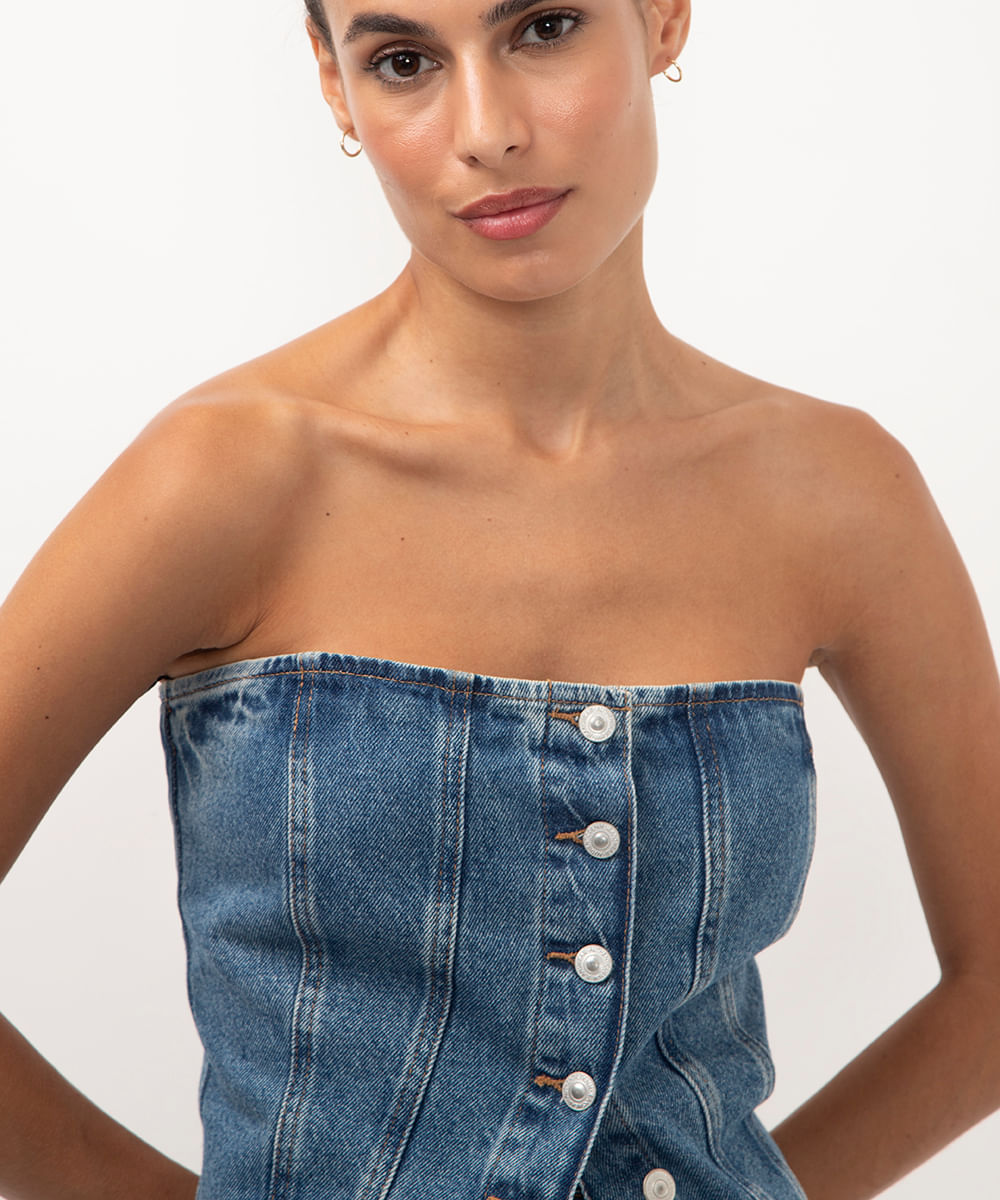 cropped jeans sem alça azul
