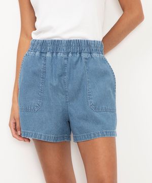 short jeans cintura alta com elástico azul