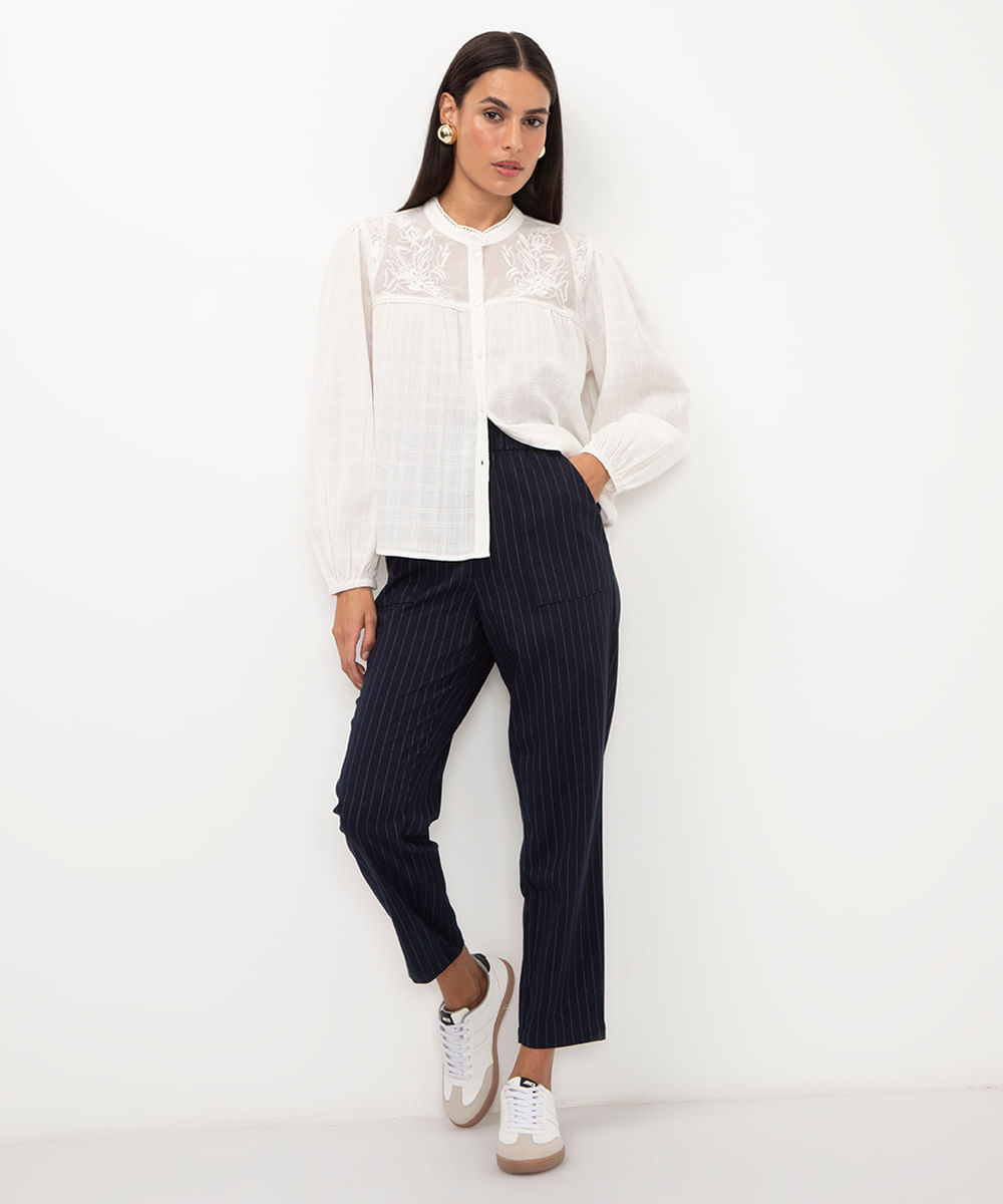 camisa de tule bordada off white