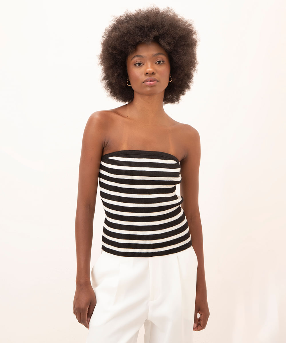 blusa de tricot sem alça listrada mindset preto
