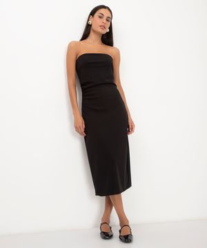 vestido midi decote reto sem alça preto