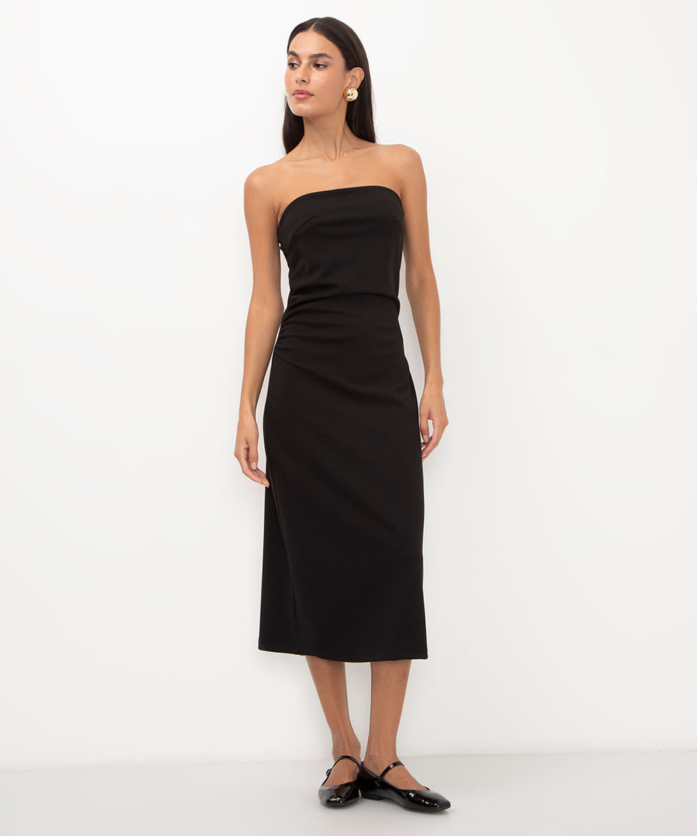 vestido midi decote reto sem alça preto