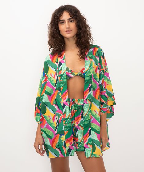 kimono saída estampada verde