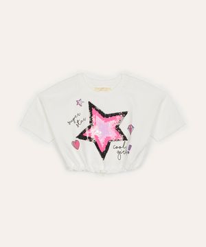 blusa de algodão infantil estrela de paetê e elástico manga curta rosa