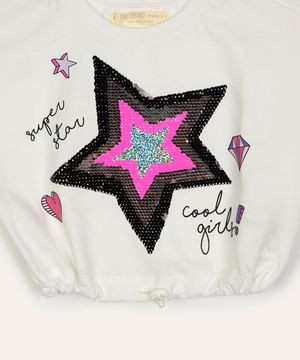 blusa de algodão infantil estrela de paetê e elástico manga curta rosa