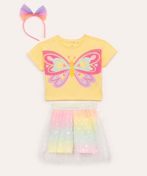conjunto infantil borboleta com tiara amarelo