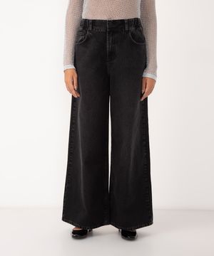 calça jeans super wide leg cintura média bff agatha black