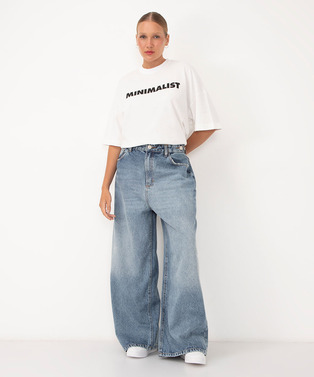 calça jeans super wide leg cintura média regulável bff agatha azul