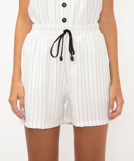 bermuda de viscose risca de giz cintura alta off white