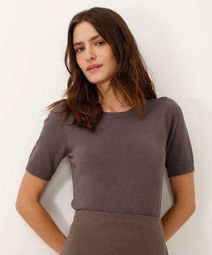 blusa cropped de tricot manga curta cinza