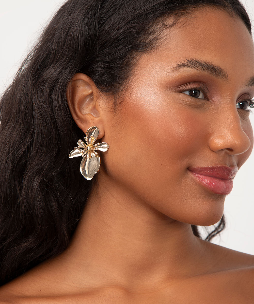 brinco flor com strass dourado