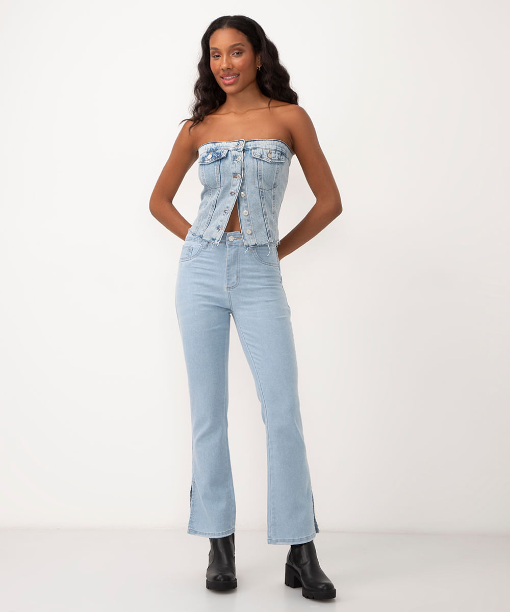 corset jeans com bolsos azul médio - C&A