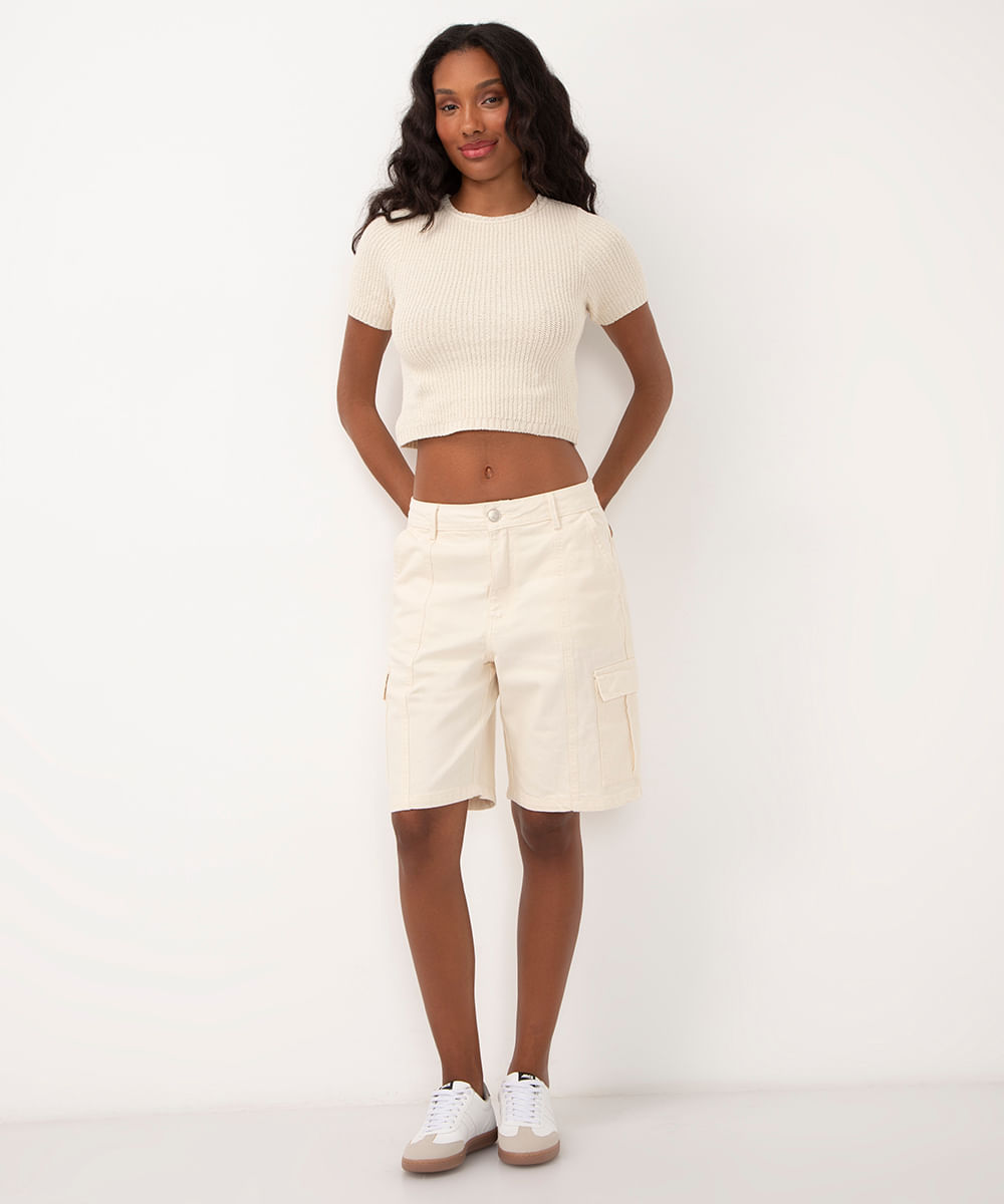 cropped de tricot trançado bege