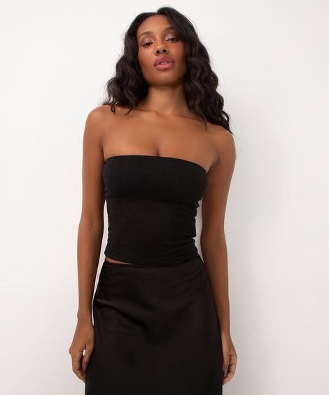 blusa sem alça com brilho preto