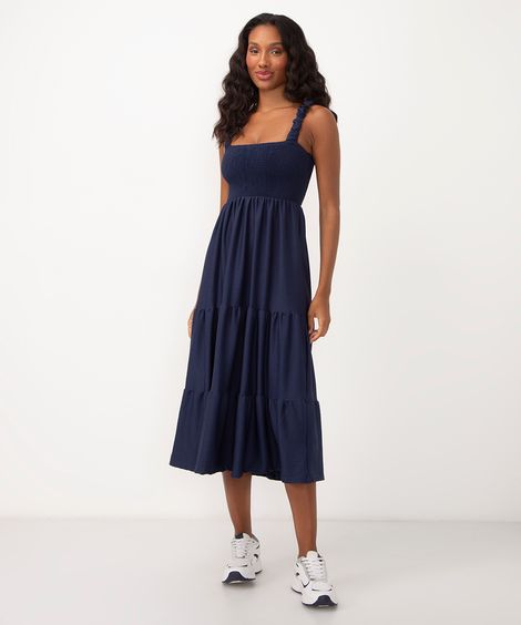 vestido midi texturizado com recortes alças médias azul