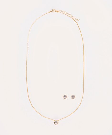 kit de colar + brinco com ponto de luz dourado