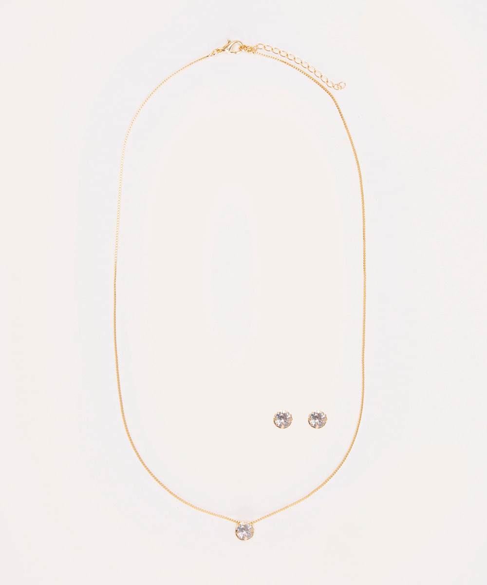 kit de colar + brinco com ponto de luz dourado