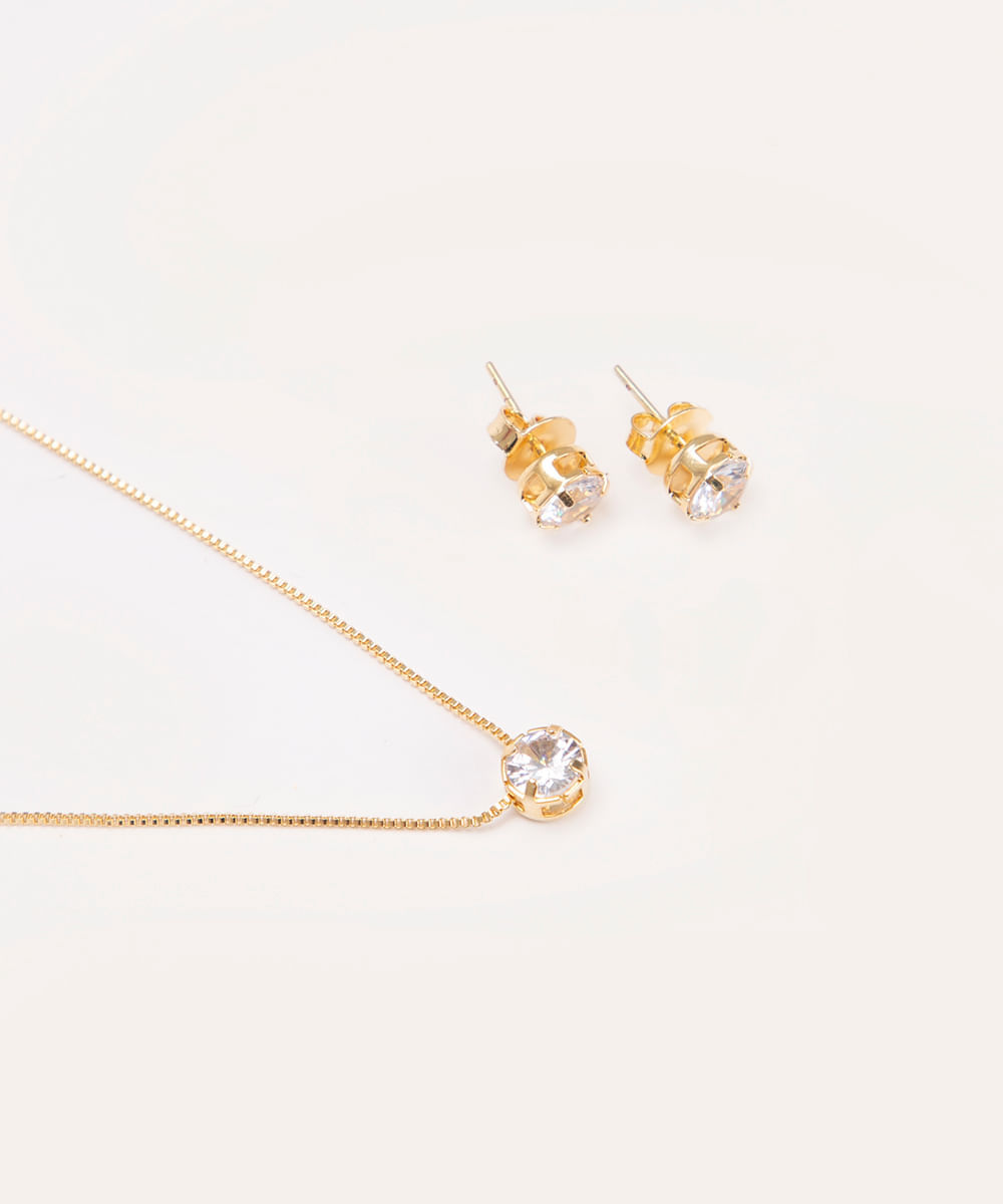 kit de colar + brinco com ponto de luz dourado