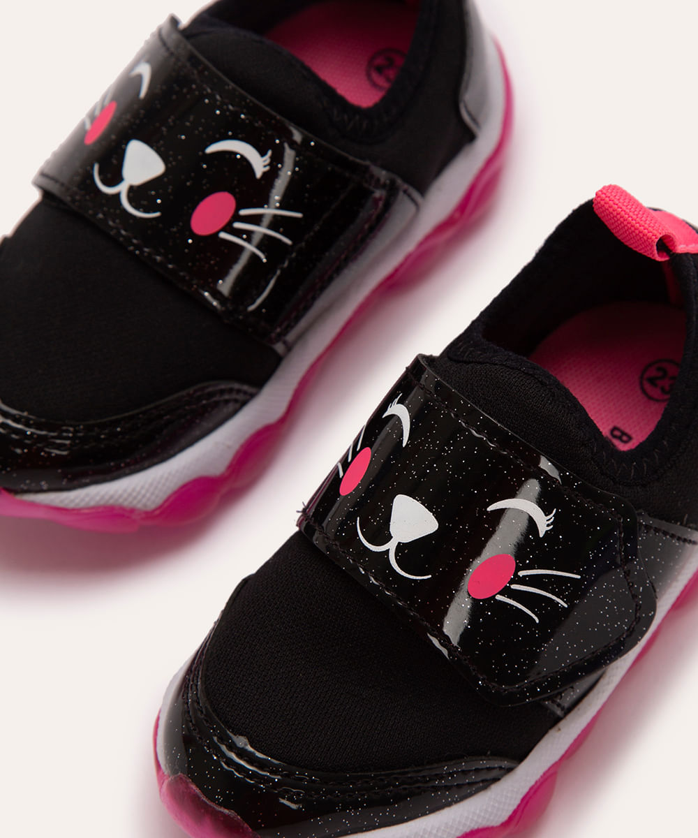 tênis infantil com velcro gatinha preto