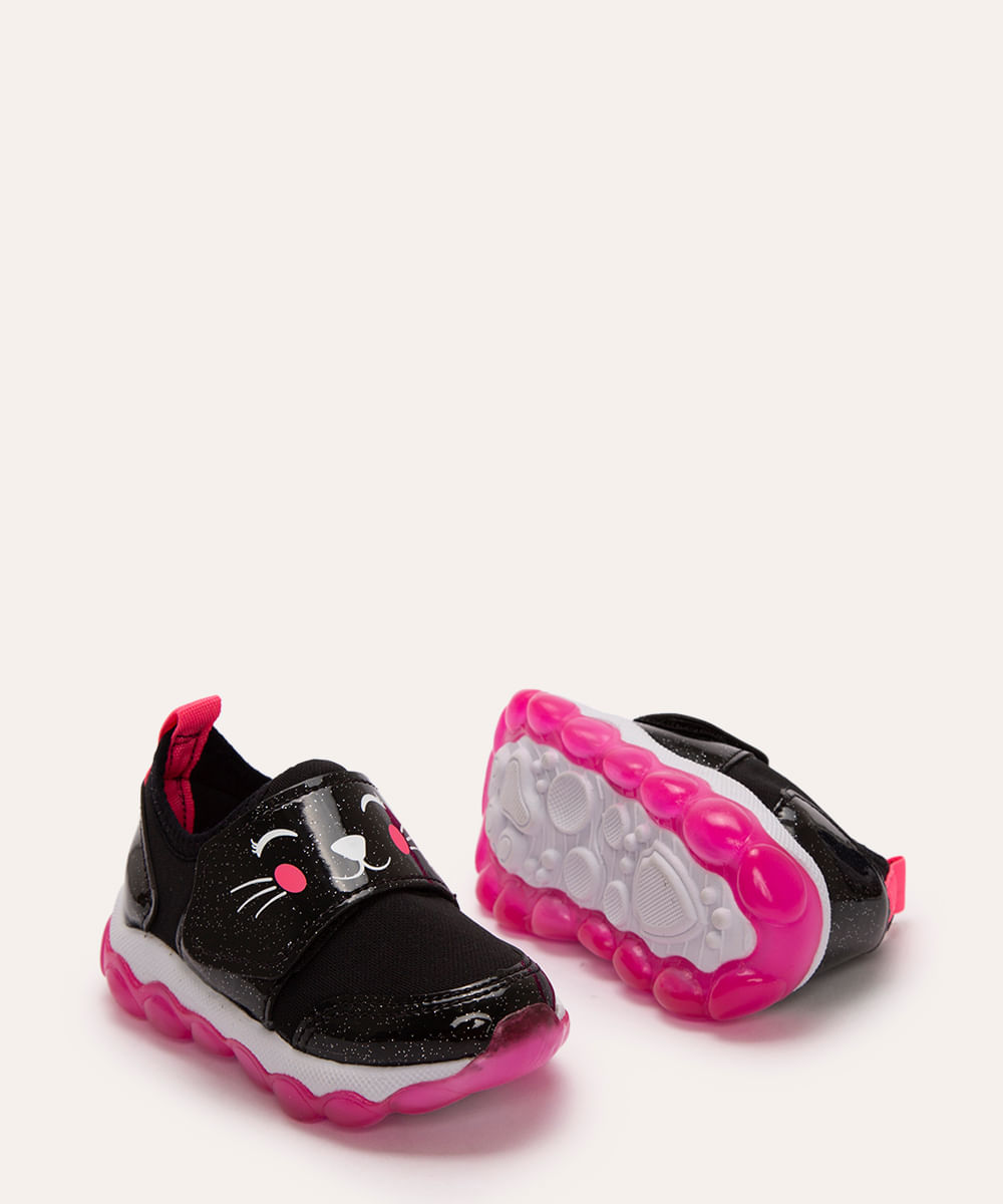 tênis infantil com velcro gatinha preto